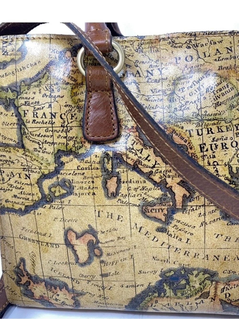 Patricia Nash Map-Print Satchel with Brown Trim and Tassels